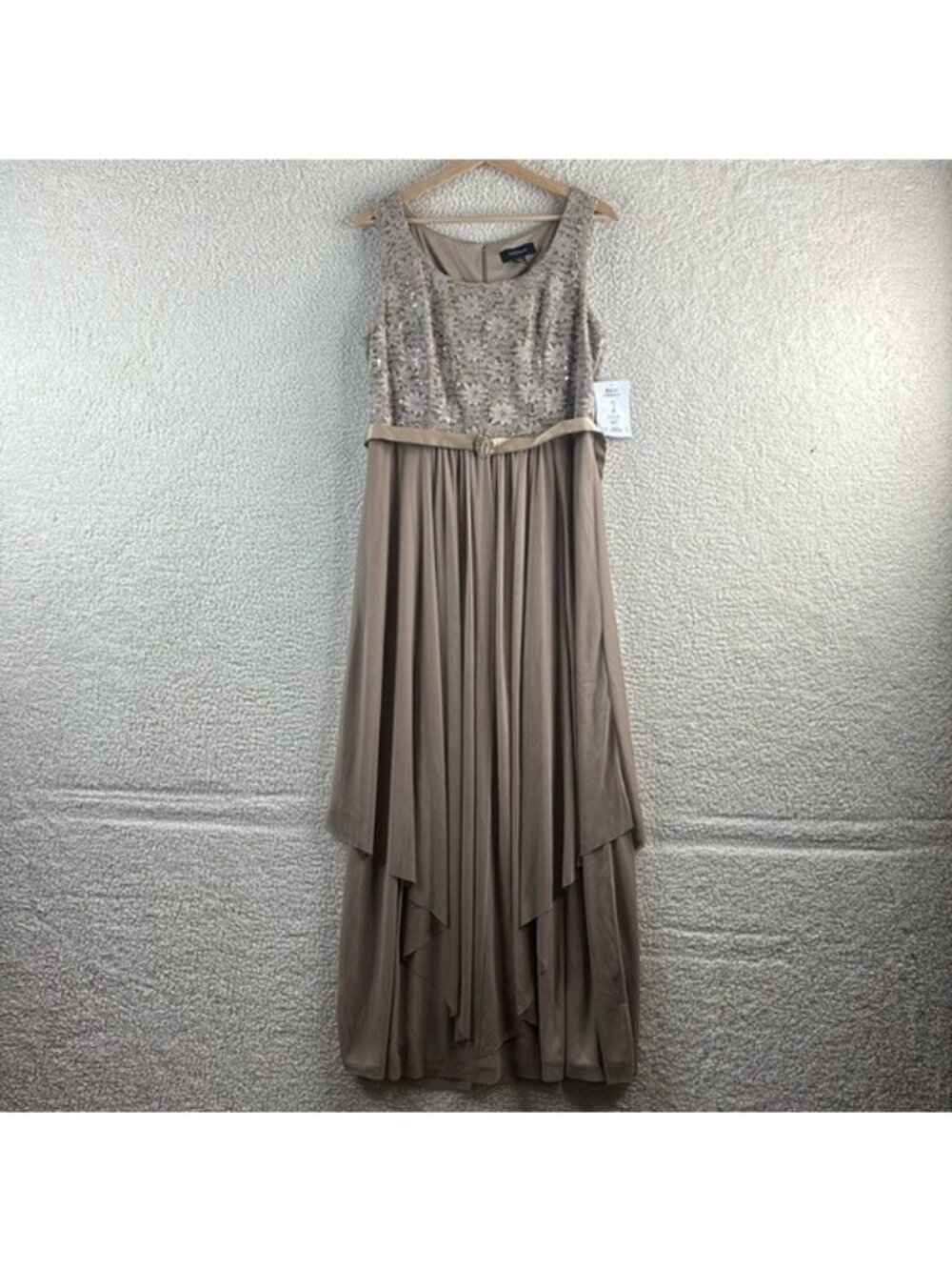 NWT R&M Richards Womens Beige Sequined Lace Top A-Line Chiffon Gown Size 10